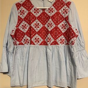 Crown & Ivy Light Blue Blouse with Red Embroidery